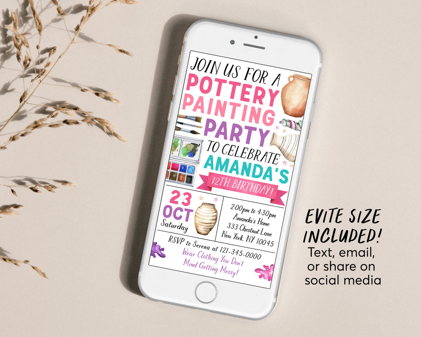 Pottery Party Invitation Editable Template, Pottery Painting Party Invite, Girl Art Paint Craft Evite, Ceramics Studio Kids Tween Printable