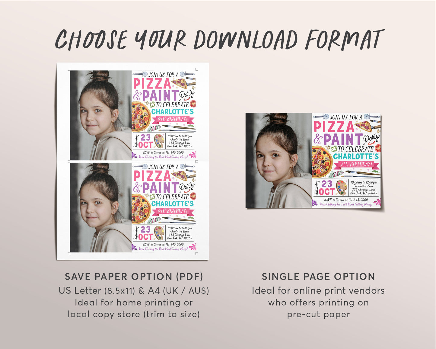 Pizza and Paint Party Birthday Invitation With Photo Editable Template, Girl Teen Tween Painting and Pizza Evite, Dress for a Mess, Painting