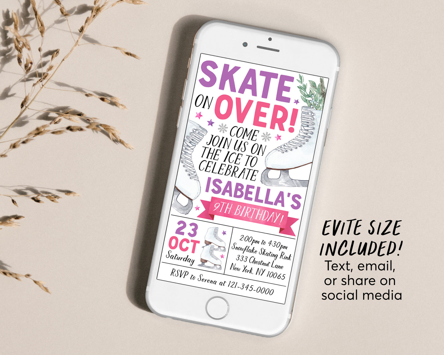 Ice Skating Birthday Invitation Editable Template, Girl Winter Ice Skating Party Invite, Kids Skate Rink Evite Printable, Outdoor Ice Rink