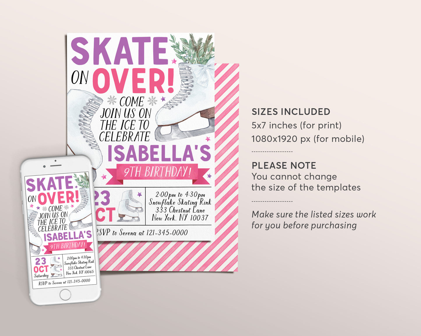 Ice Skating Birthday Invitation Editable Template, Girl Winter Ice Skating Party Invite, Kids Skate Rink Evite Printable, Outdoor Ice Rink