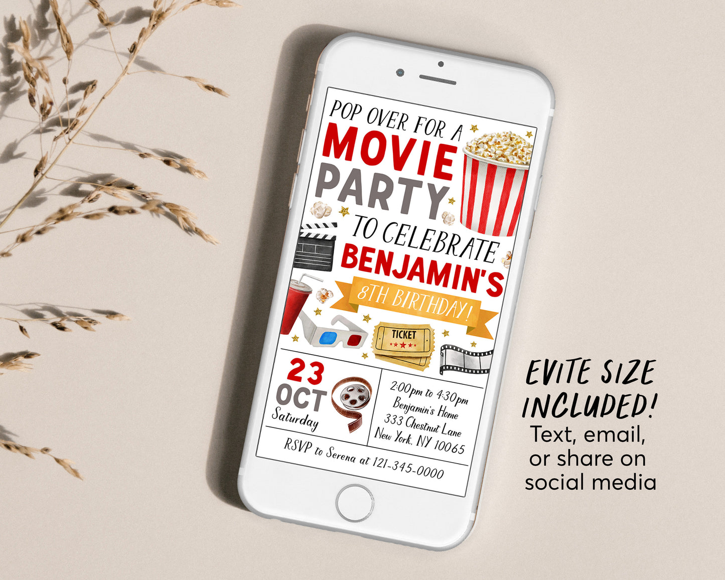 Movie Birthday Invitation Editable Template, Unisex Pop On Over Cinema Movie Ticket Invite, Movie Night Kids Party Evite, Popcorn And Movies