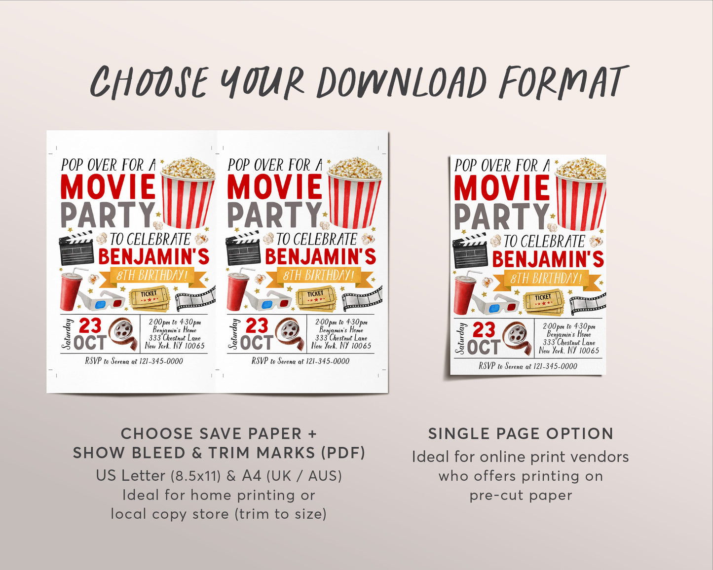 Movie Birthday Invitation Editable Template, Unisex Pop On Over Cinema Movie Ticket Invite, Movie Night Kids Party Evite, Popcorn And Movies