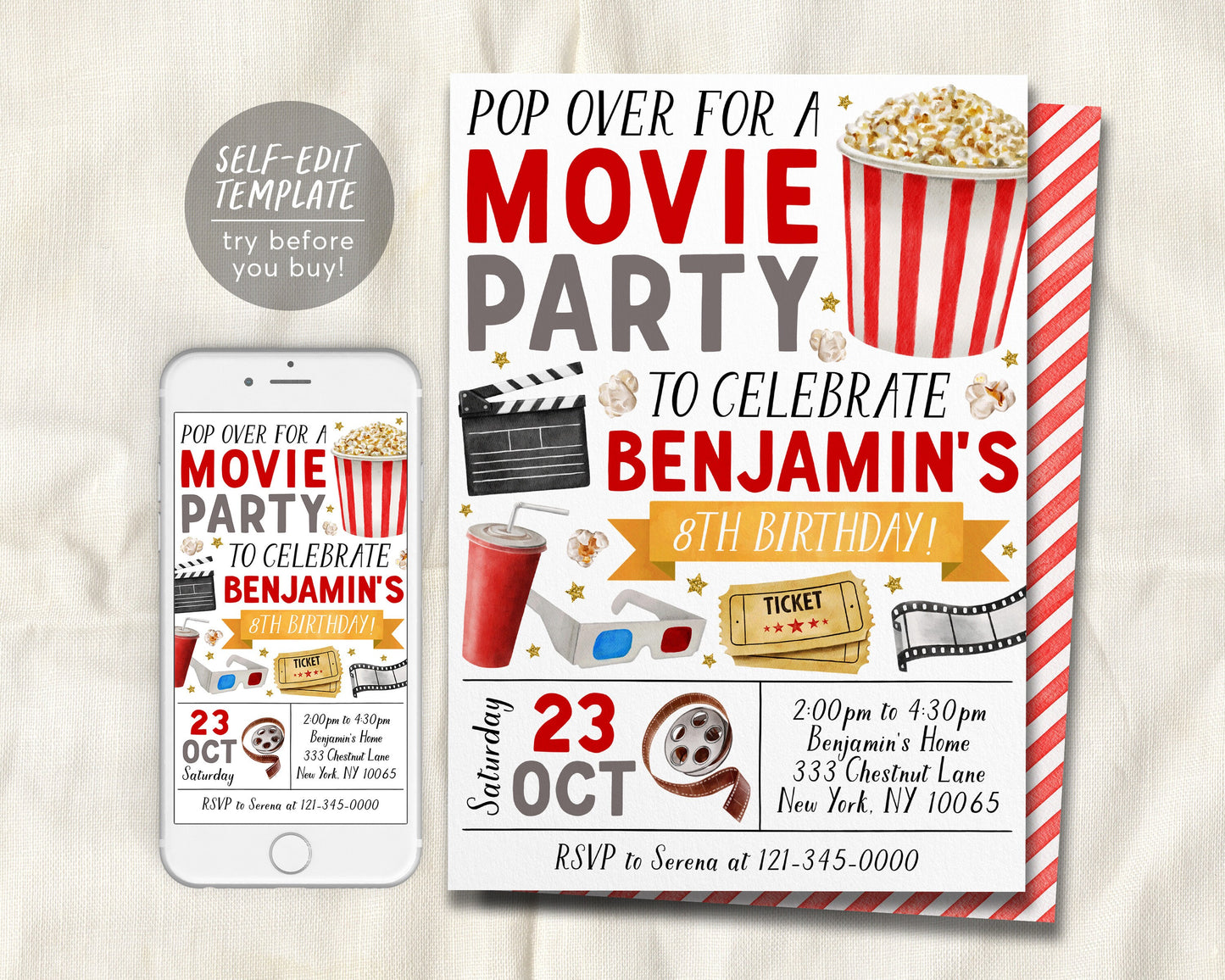 Movie Birthday Invitation Editable Template