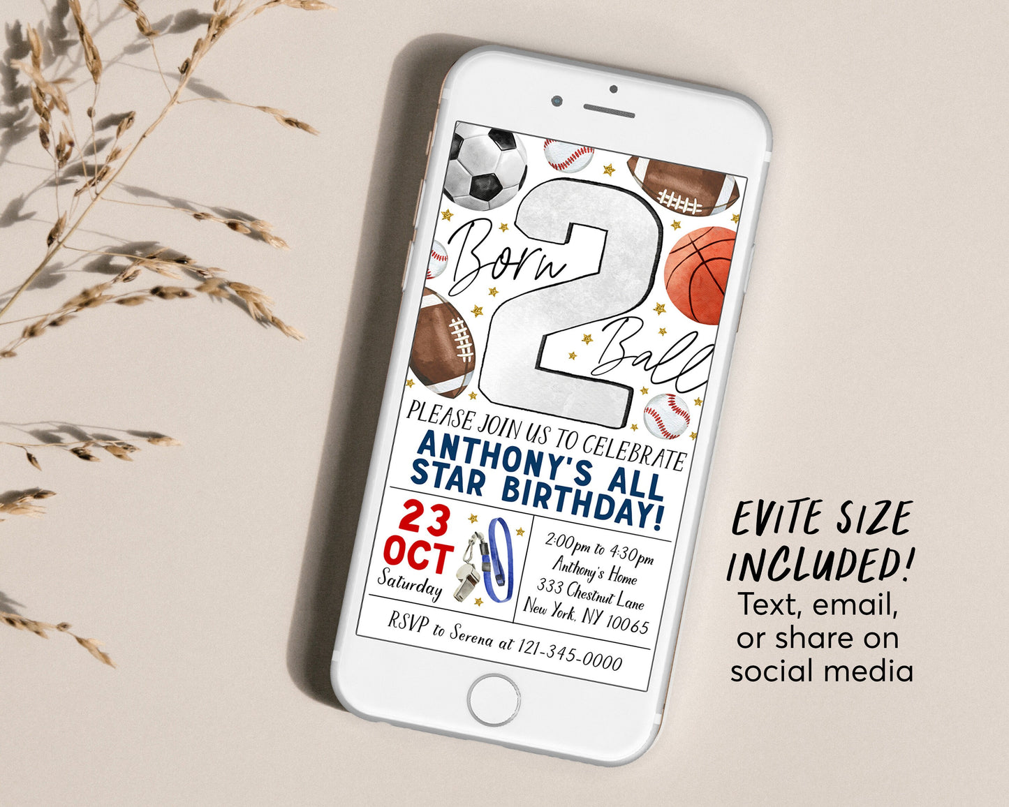 Born 2 Ball Birthday Invitation With Photo Editable Template, Boy Born Two Ball All Star 2nd Birthday Party Invite, Kids Sports Theme Evite