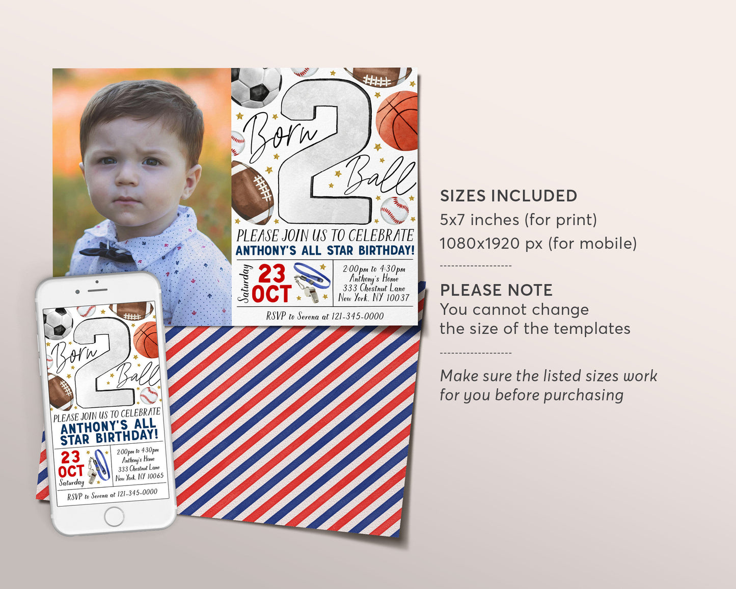 Born 2 Ball Birthday Invitation With Photo Editable Template, Boy Born Two Ball All Star 2nd Birthday Party Invite, Kids Sports Theme Evite