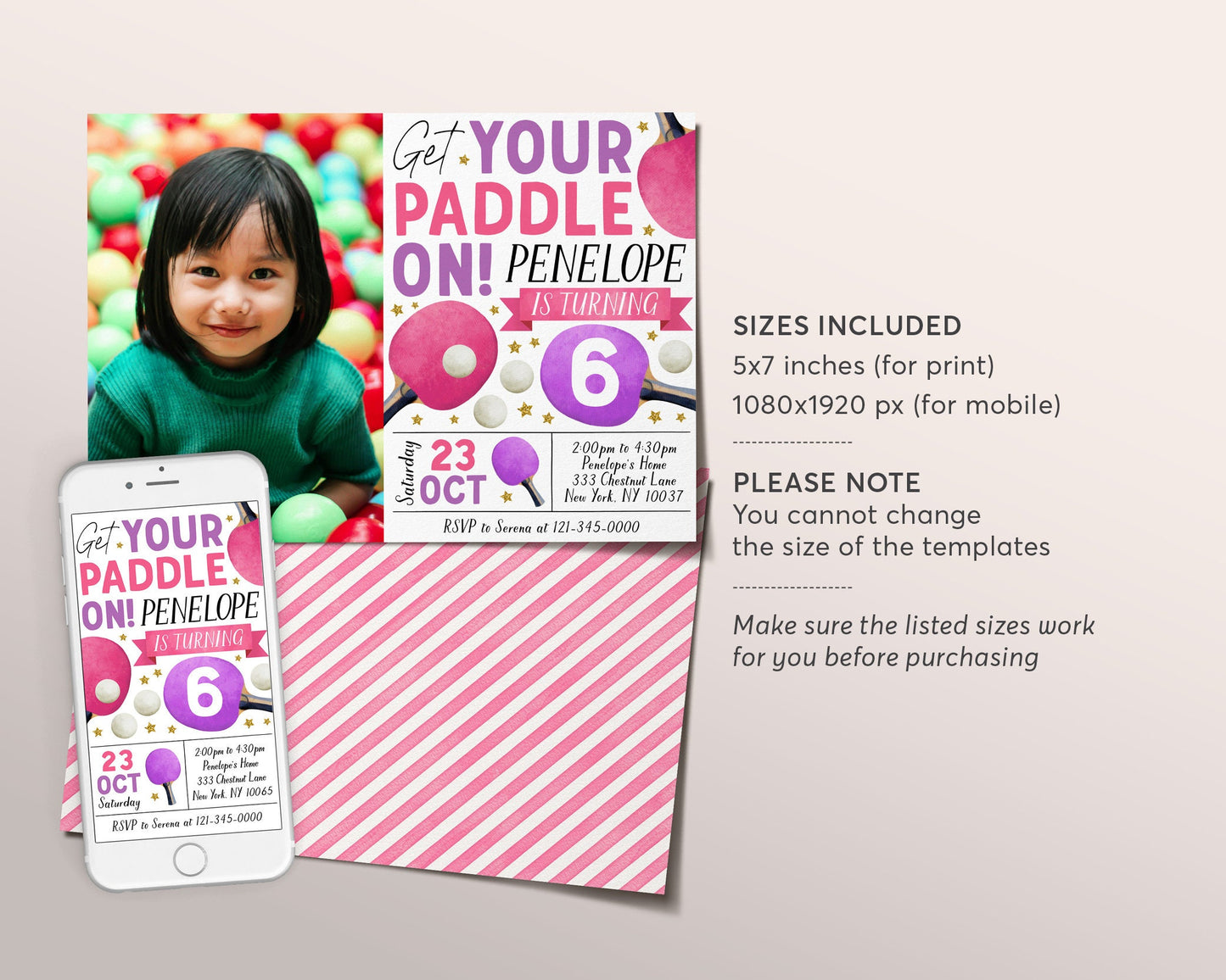 Ping Pong Birthday Invitation With Photo Editable Template, Girl Table Tennis Theme Party Invite Evite, Indoor Tennis Game Match Tournament