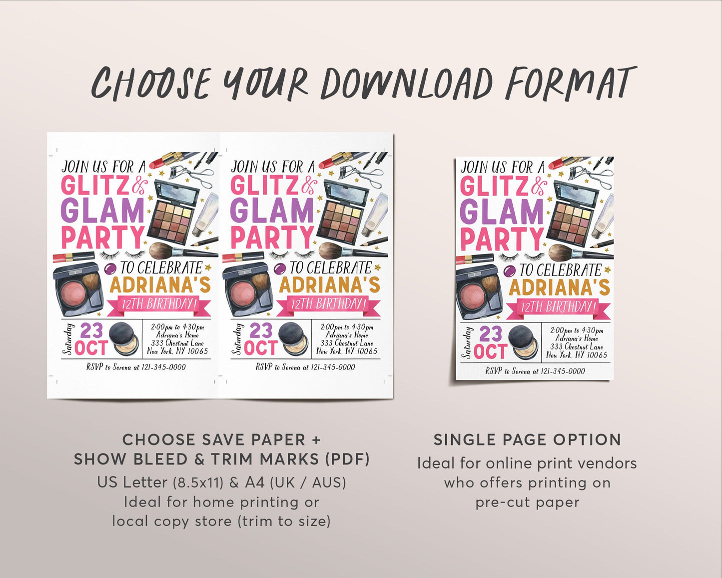 Glitz and Glam Birthday Party Invitation Editable Template, Makeup Pamper Party Spa Day Invite, Girl Teen Tween Makeover Evite, Blow Out