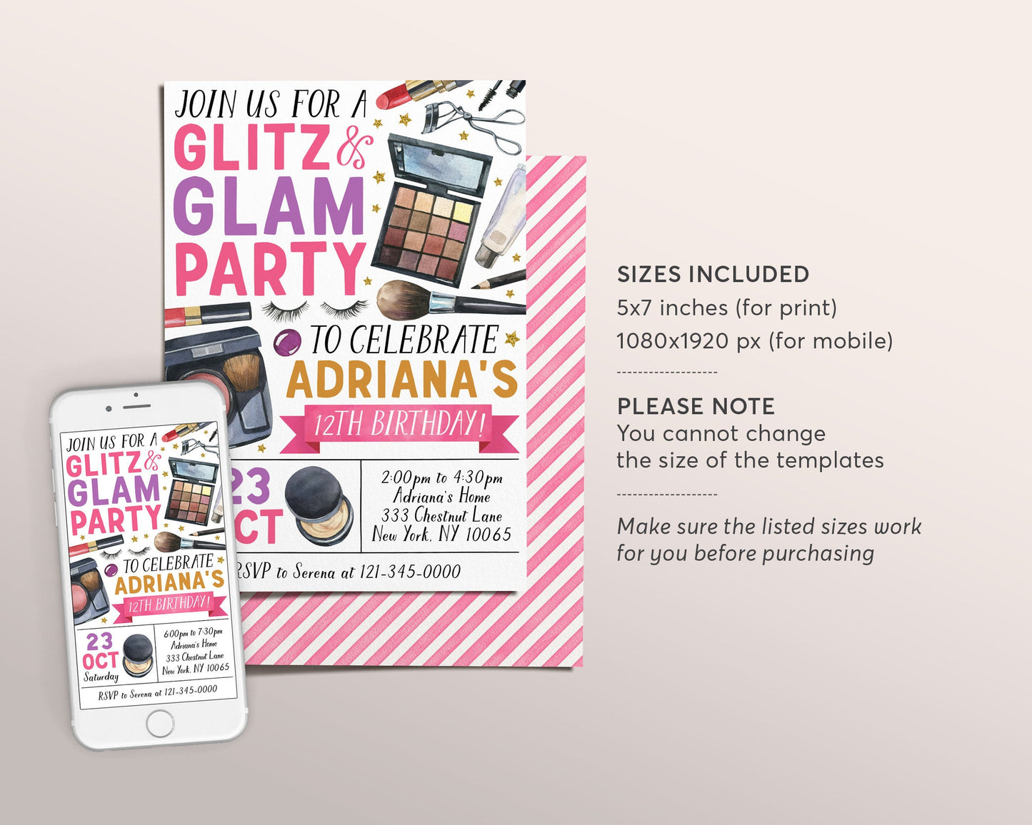 Glitz and Glam Birthday Party Invitation Editable Template, Makeup Pamper Party Spa Day Invite, Girl Teen Tween Makeover Evite, Blow Out