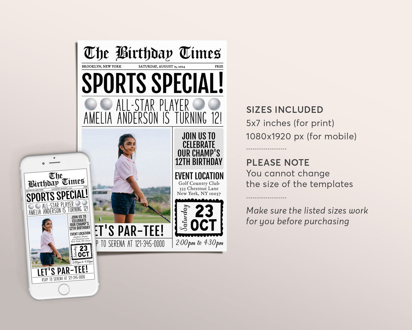 Golf Birthday Invitation With Photo Editable Template, Newspaper Golf Theme Party Invite, Sports Theme Evite Mini Golf Tournament Par-Tee