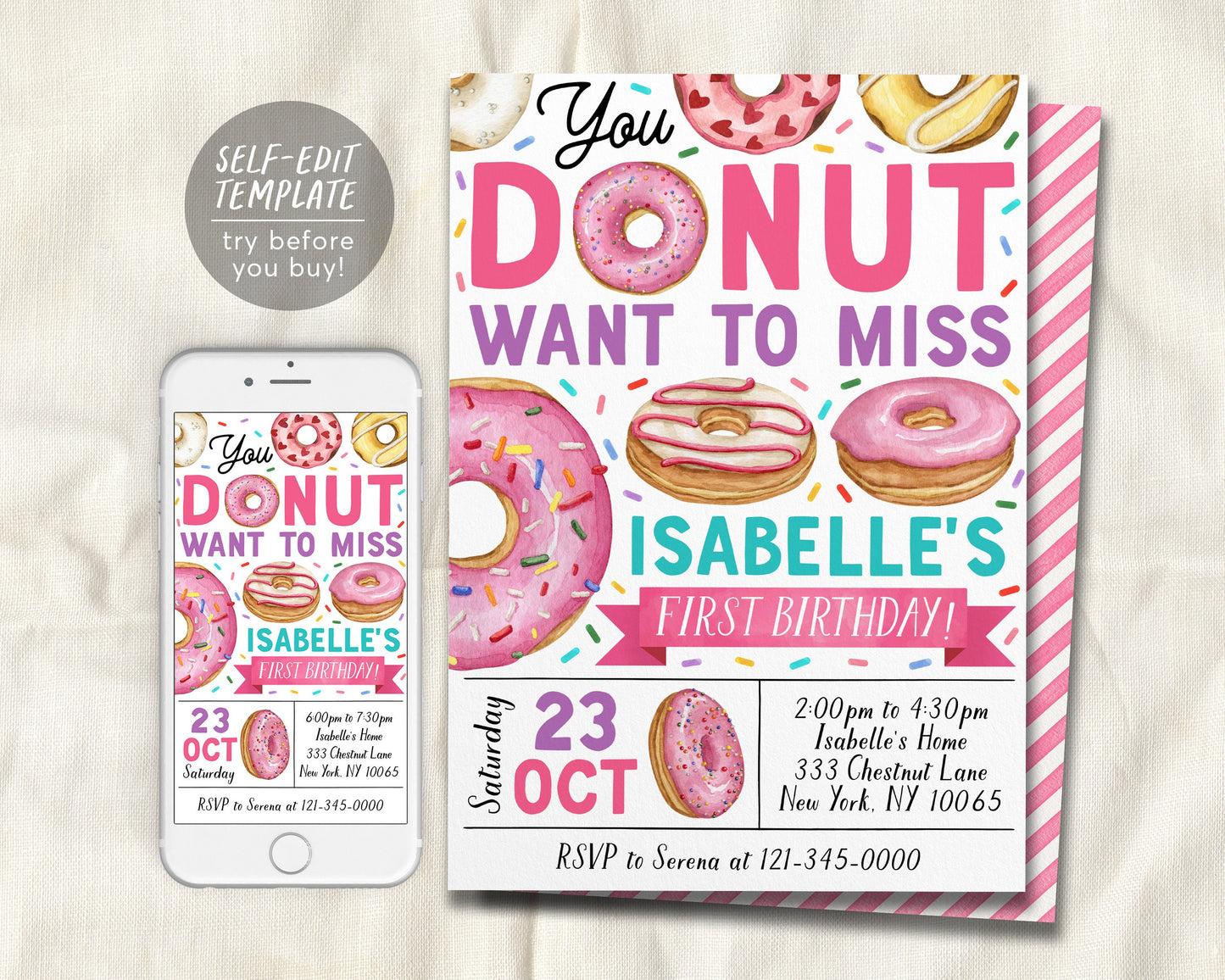 Donut Birthday Invitation Editable Template