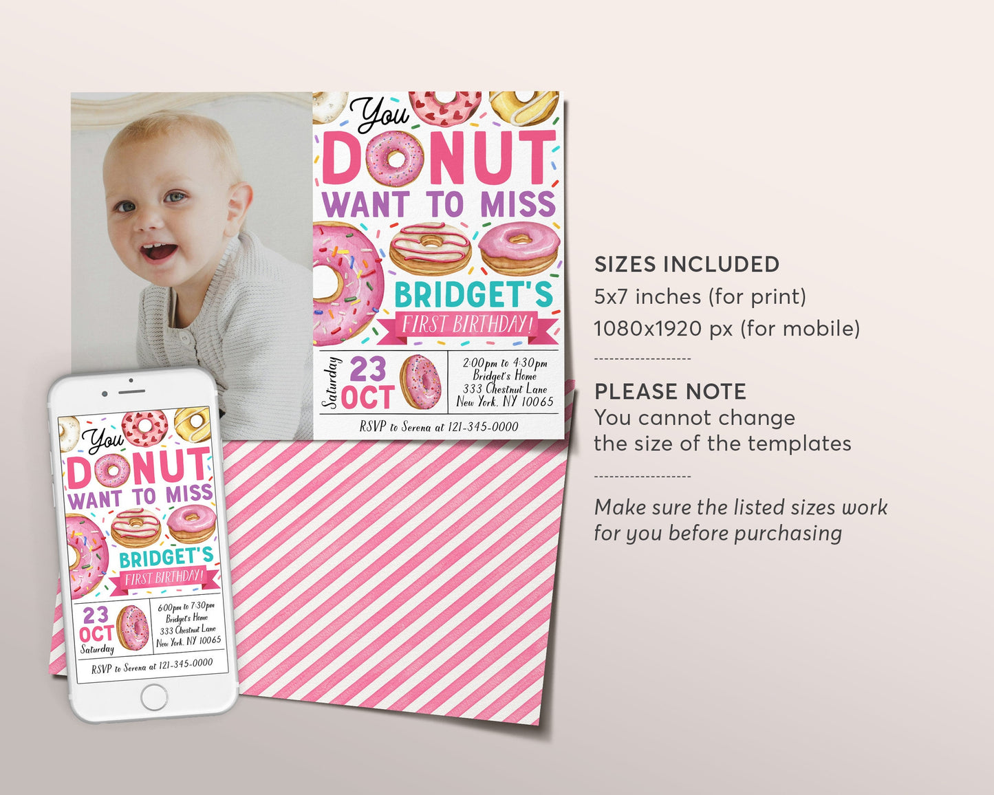 Donut Birthday Invitation With Photo Editable Template, Girl You Donut Want To Miss Donuts Party Invite, Kids Sprinkles Sweet Doughnut Evite