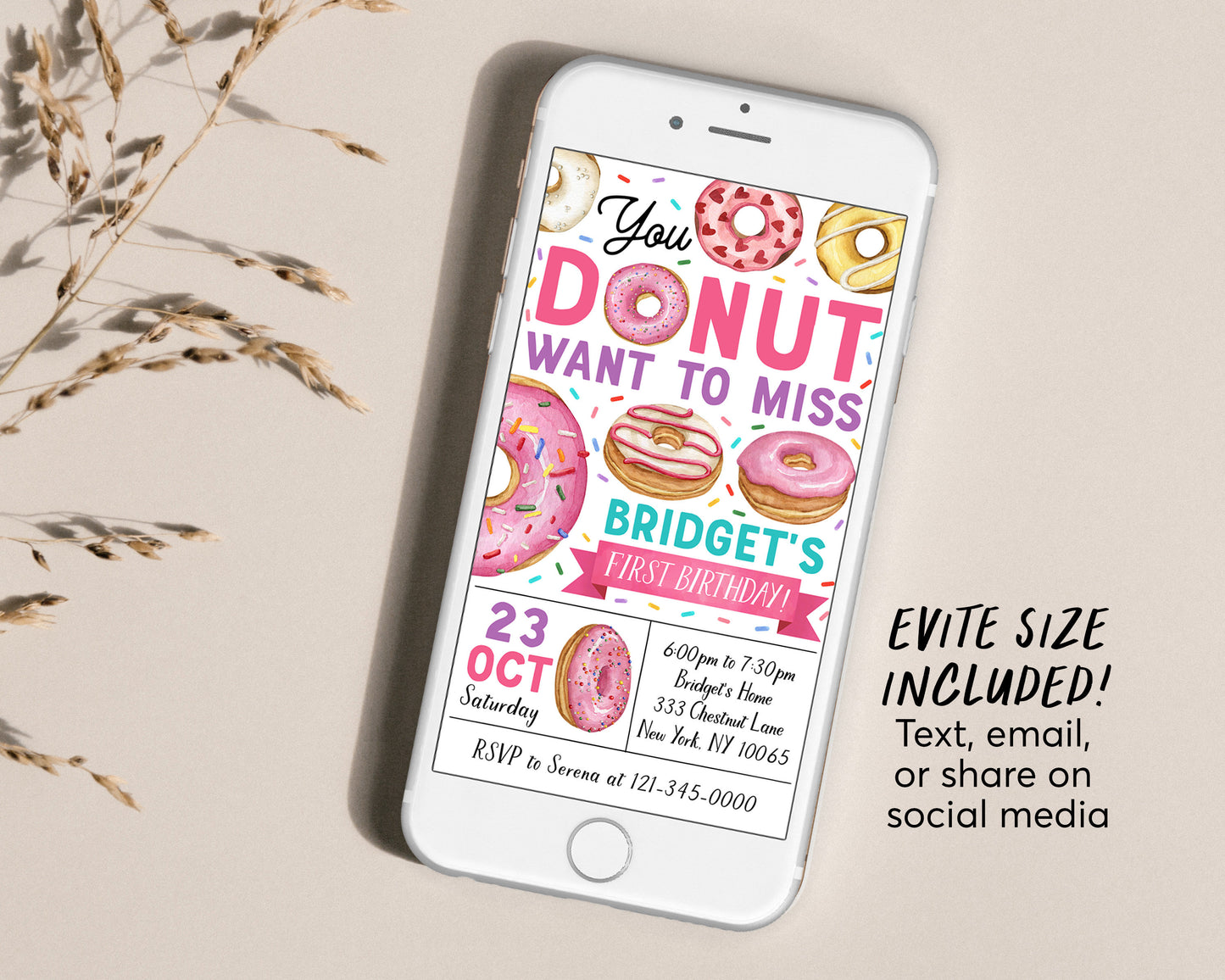 Donut Birthday Invitation With Photo Editable Template, Girl You Donut Want To Miss Donuts Party Invite, Kids Sprinkles Sweet Doughnut Evite