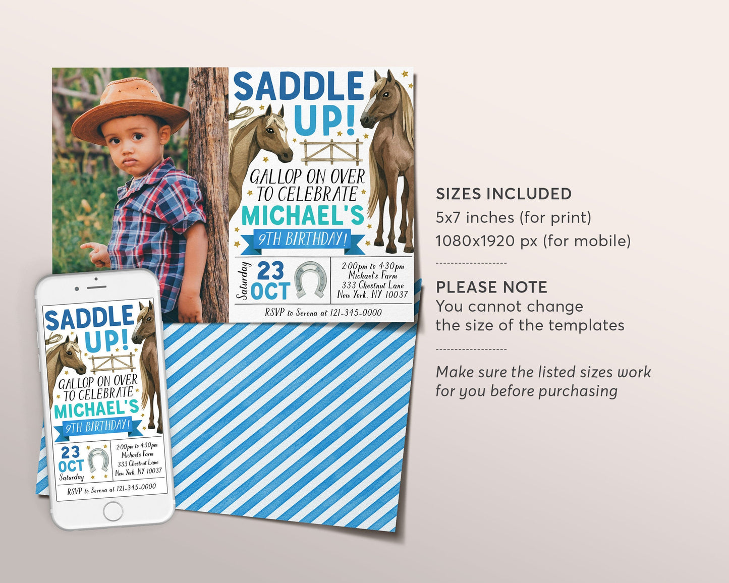 Horse Birthday Invitation With Photo Editable Template, Cowboy Horse Boy Equestrian Party Invite, Saddle Up Farm Country Western Rodeo Evite