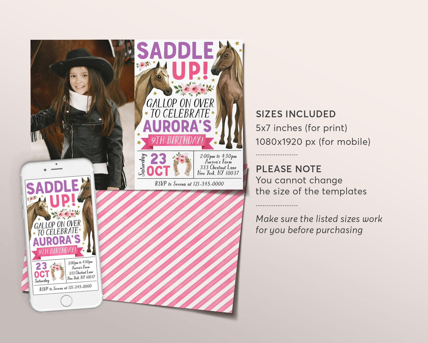 Horse Birthday Invitation With photo Editable Template, Cowgirl Girl Equestrian Party Invite, Saddle Up Farm Floral Wild Horses Rodeo Evite