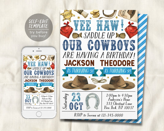 Rodeo Cowboys Joint Siblings Birthday Invitation Editable Template
