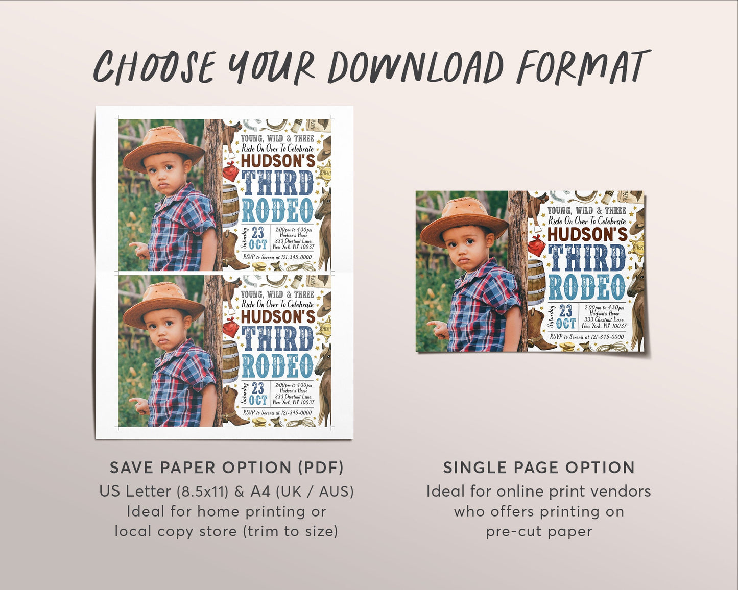 Third Rodeo Birthday Invitation With Photo Editable Template, Cowboy Young Wild And Three Party Invite, Ranch Southwestern Western Evite