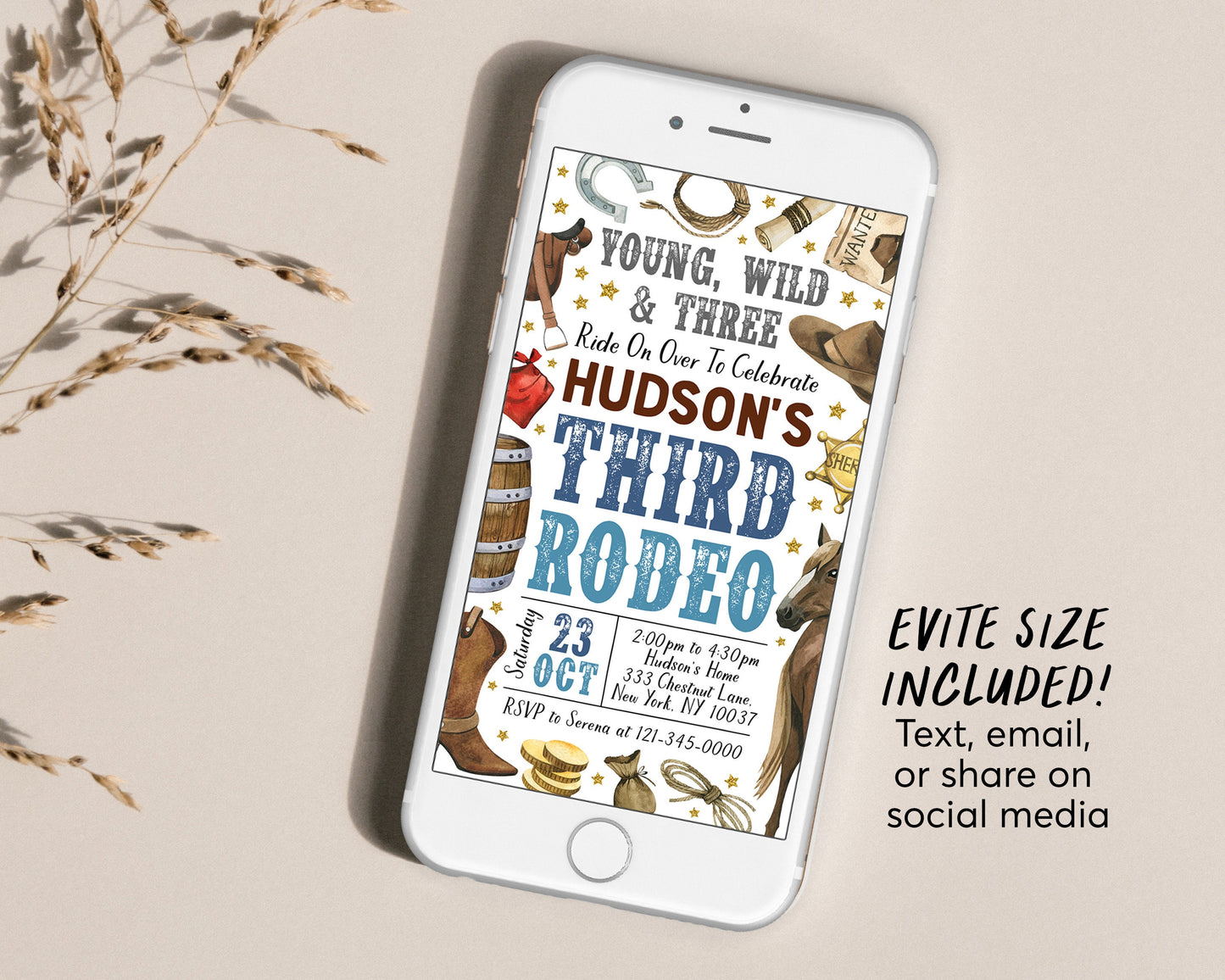 Third Rodeo Birthday Invitation With Photo Editable Template, Cowboy Young Wild And Three Party Invite, Ranch Southwestern Western Evite