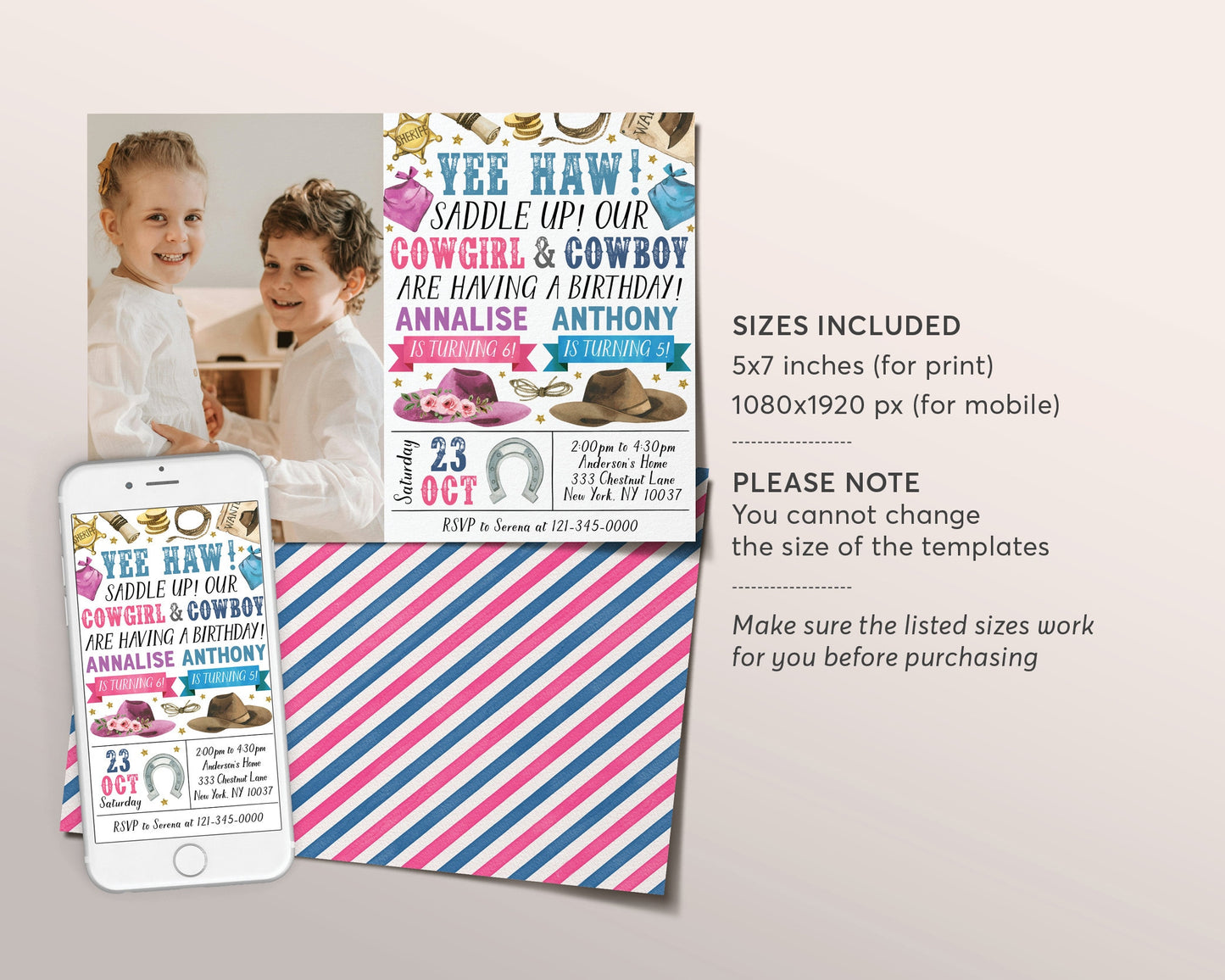 Rodeo Cowboy And Cowgirl Joint Siblings Birthday Invitation With Photo Editable Template, Boy Girl Country Western Party Invite Evite
