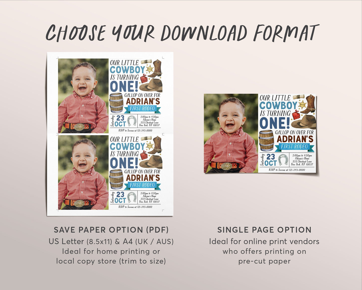 First Rodeo Birthday Invitation With Photo Editable Template, Cowboy 1st Birthday Party Invite, Boy Ranch Southwestern Country Western Evite