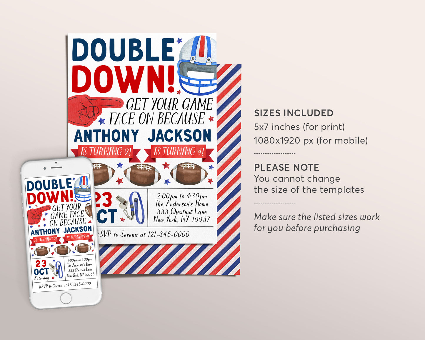 Football Joint Siblings Birthday Invitation Editable Template, Boy Double Year Down Football Party Invite, Kids Sports Theme It's Game Time