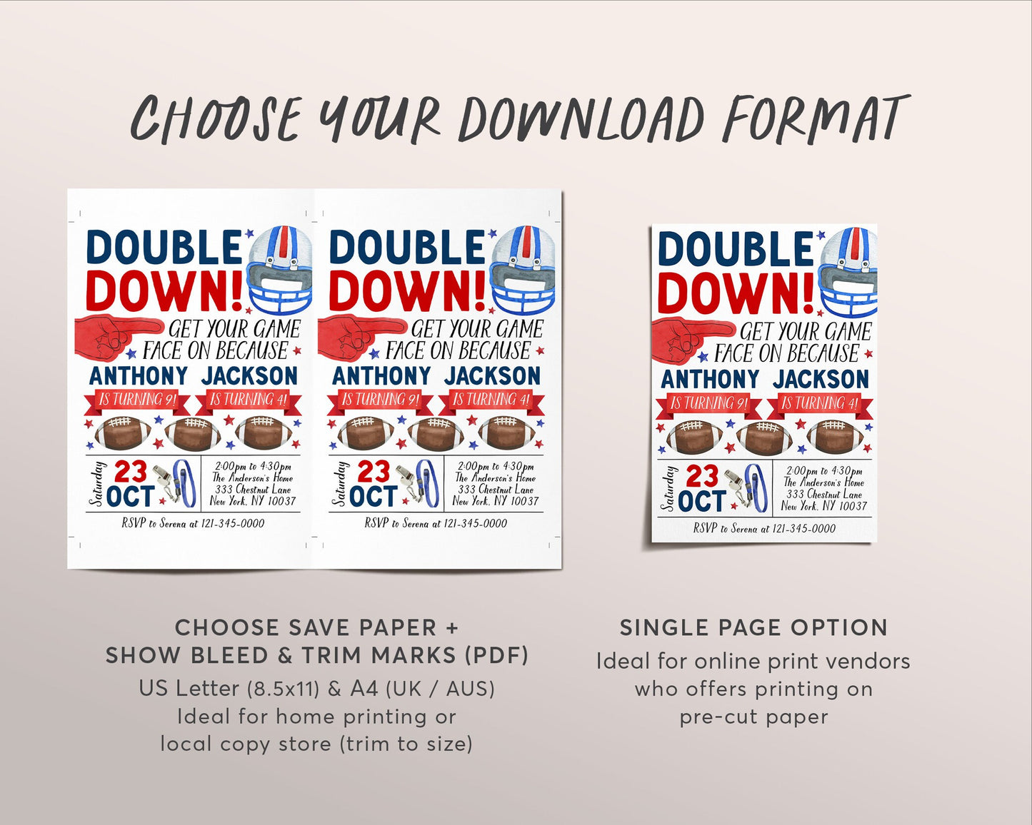 Football Joint Siblings Birthday Invitation Editable Template, Boy Double Year Down Football Party Invite, Kids Sports Theme It's Game Time