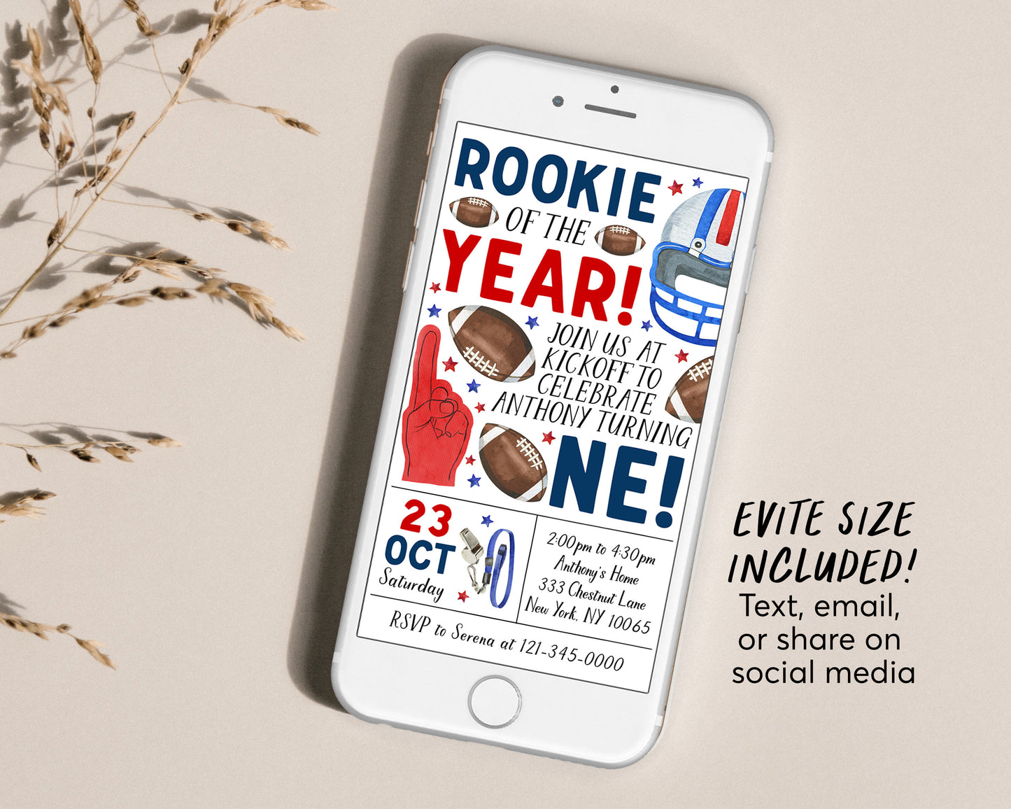 Football First Birthday Invitation With Photo Editable Template, Rookie Of The Year Invite, Kids Sports Theme It's Game Time First Year Down