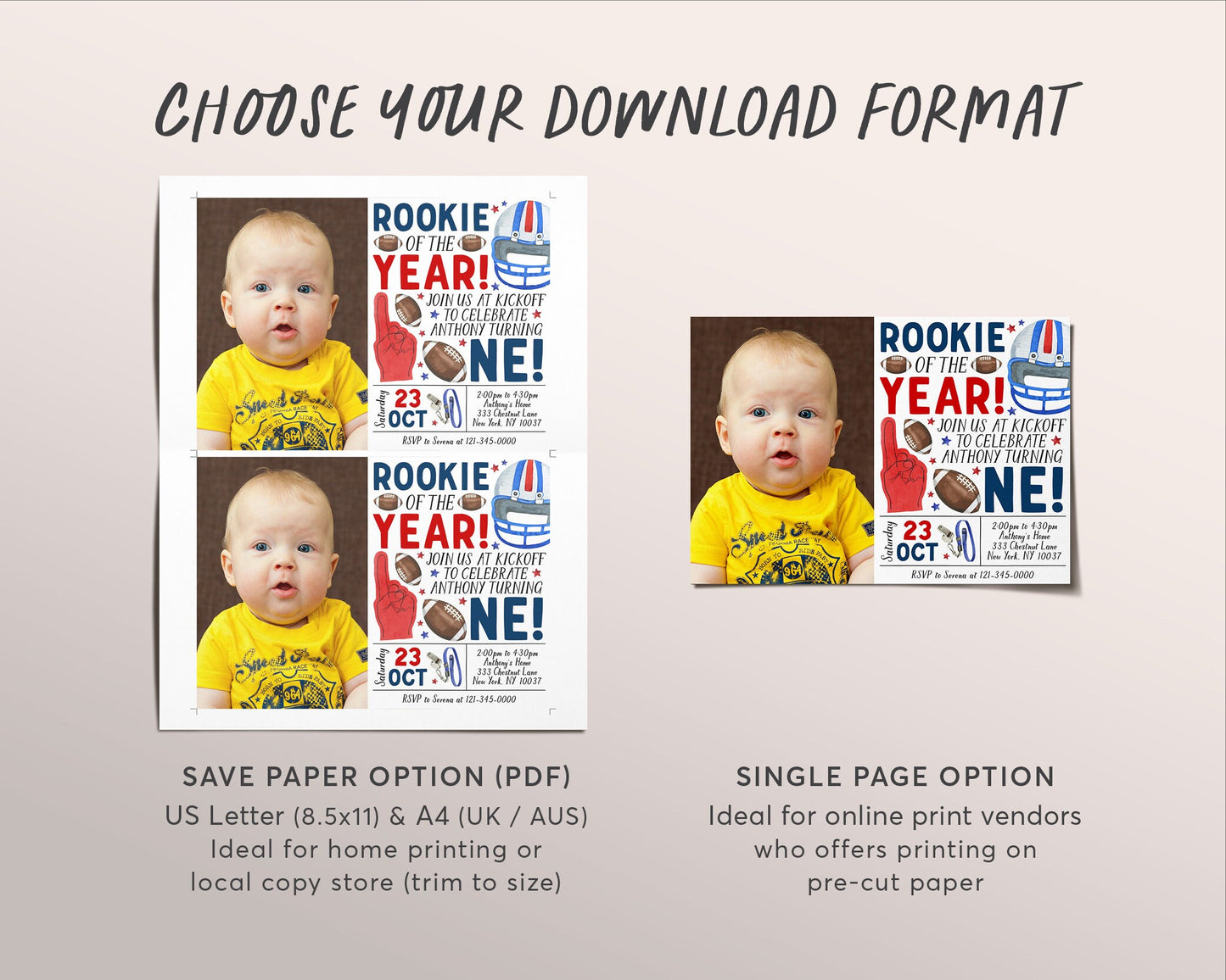 Football First Birthday Invitation With Photo Editable Template, Rookie Of The Year Invite, Kids Sports Theme It's Game Time First Year Down