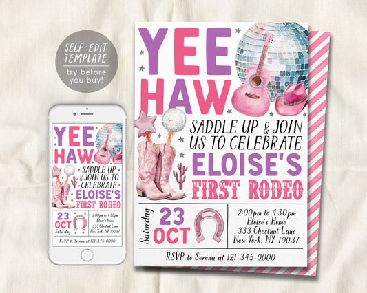 Space Cowgirl 1st Birthday Invitation Editable Template