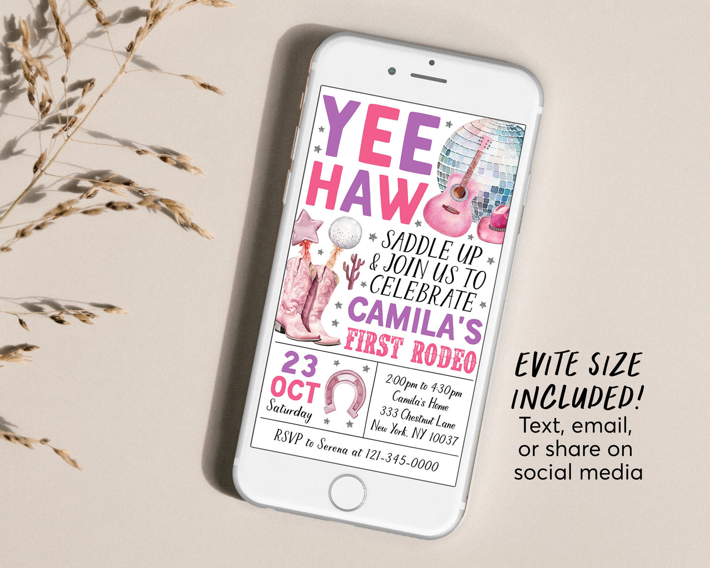 Space Cowgirl 1st Birthday With Photo Invitation Editable Template, Disco Cowgirl Party Invite, Girl First Rodeo Yee Haw Ranch Southwestern