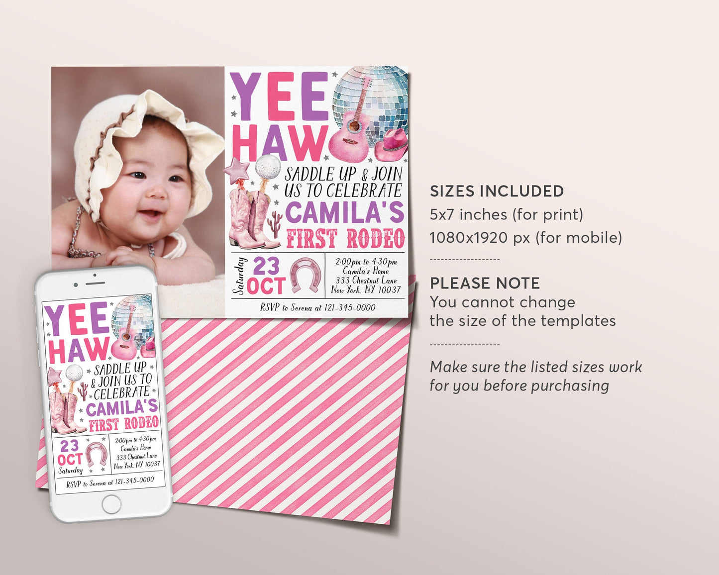Space Cowgirl 1st Birthday With Photo Invitation Editable Template, Disco Cowgirl Party Invite, Girl First Rodeo Yee Haw Ranch Southwestern