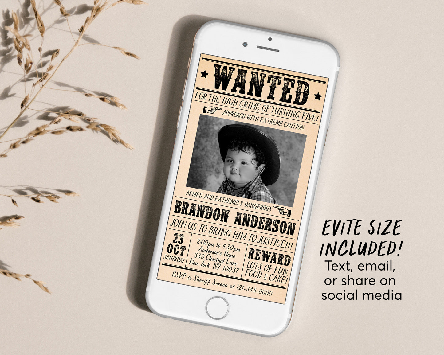 Wanted Poster Invitation With Photo Editable Template, Cowboy Cowgirl Western Outlaw Birthday Party Invite, Wild West Southwestern Evite