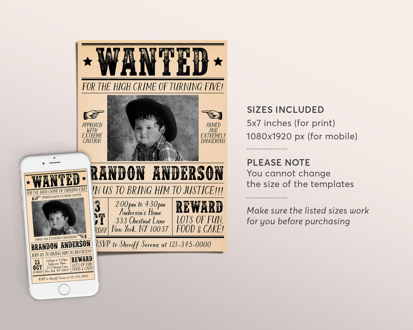 Wanted Poster Invitation With Photo Editable Template, Cowboy Cowgirl Western Outlaw Birthday Party Invite, Wild West Southwestern Evite