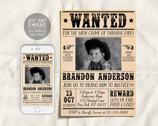 Wanted Poster Invitation With Photo Editable Template