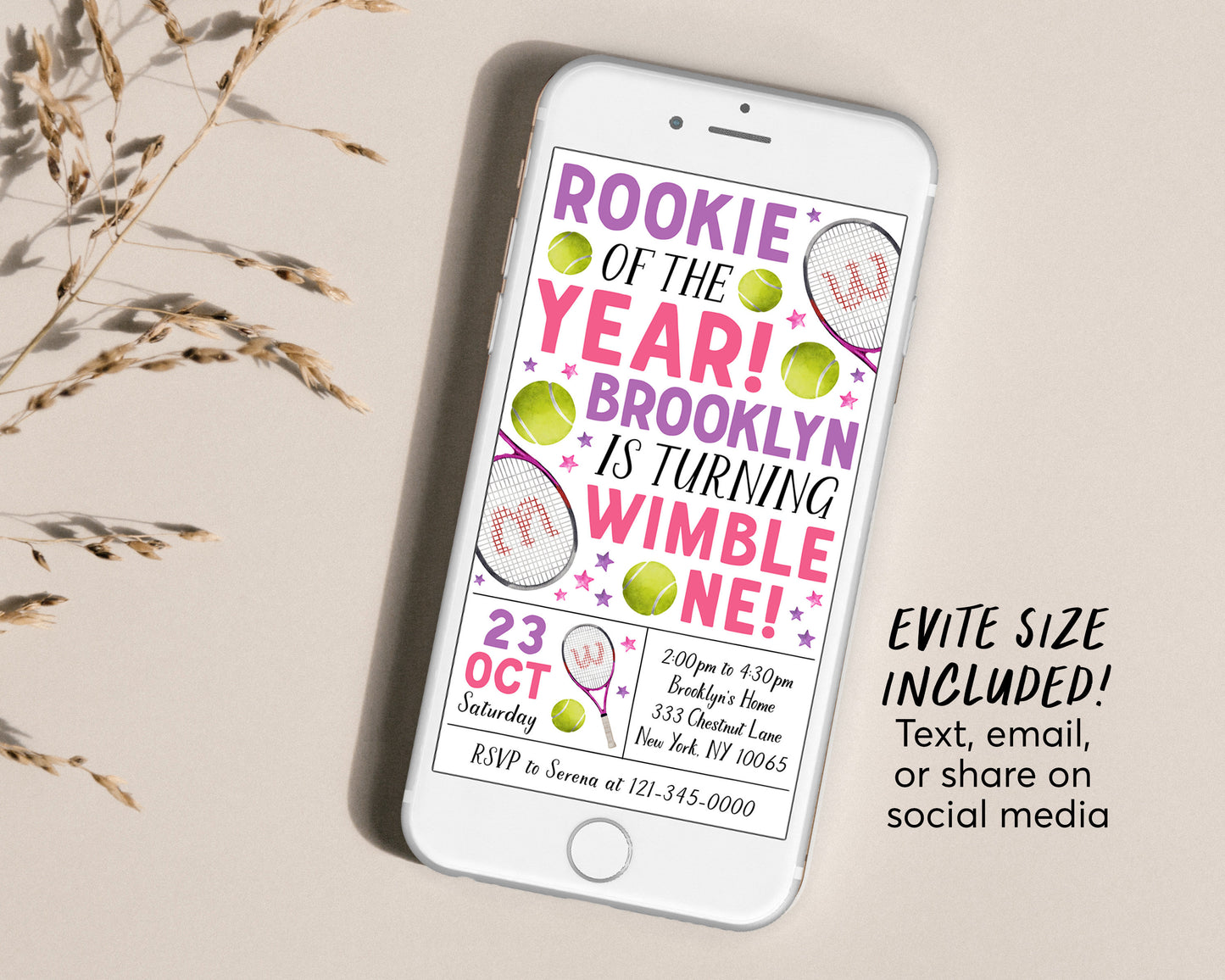 Tennis First Birthday Invitation With Photo Editable Template, Girl Wimble-One Tennis Ball Party Invite, Kids Sports Theme Evite, Game Match