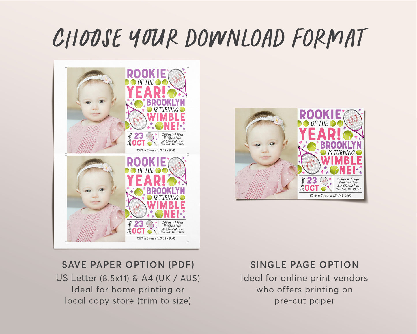 Tennis First Birthday Invitation With Photo Editable Template, Girl Wimble-One Tennis Ball Party Invite, Kids Sports Theme Evite, Game Match