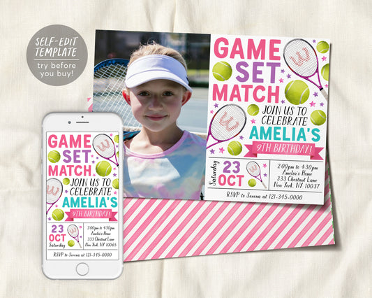 Tennis Birthday Invitation With Photo Editable Template