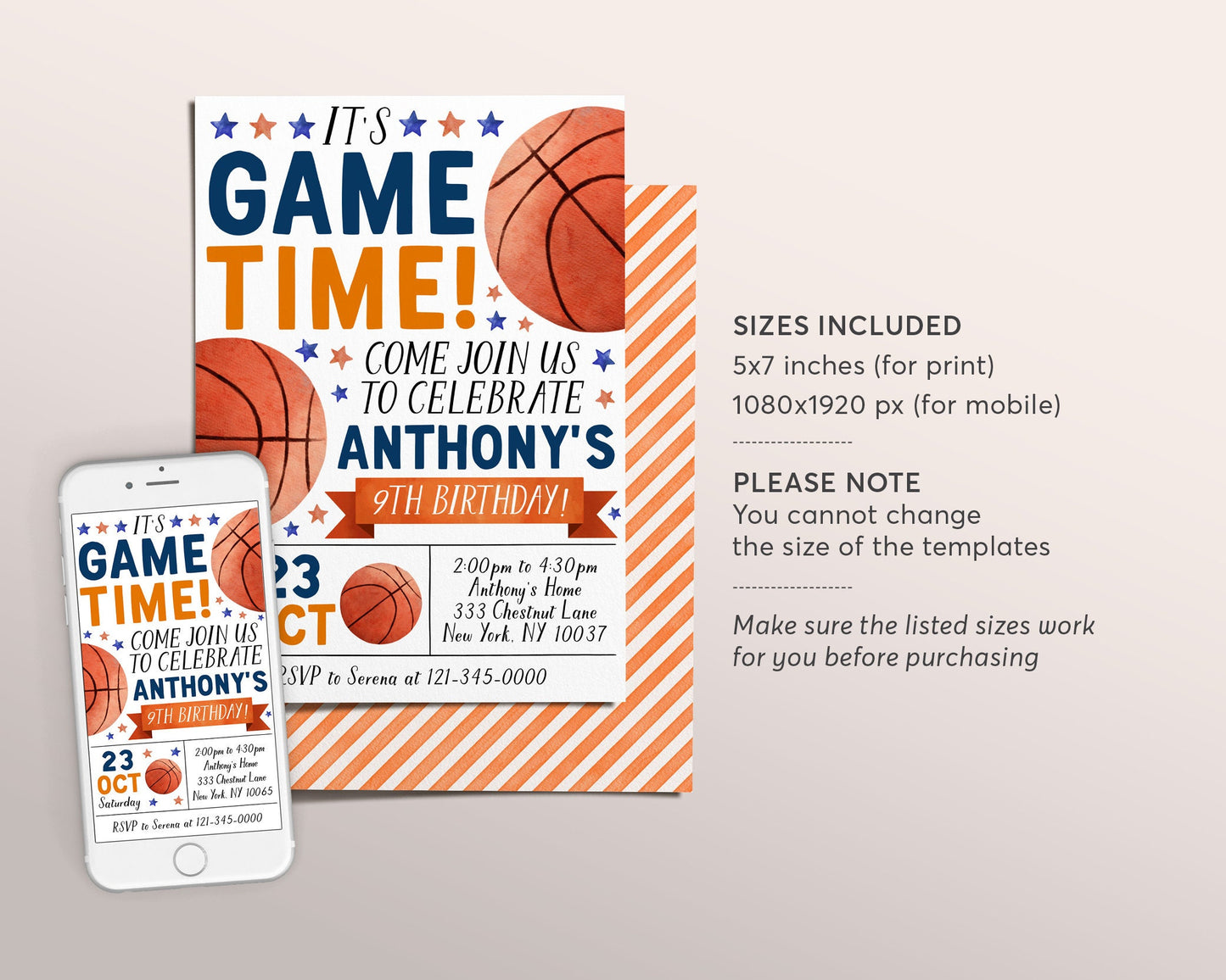 Basketball Birthday Invitation Editable Template, Basketball Party Invite, Kids Sports Theme Evite, It's Game Time Slam Dunk Printable