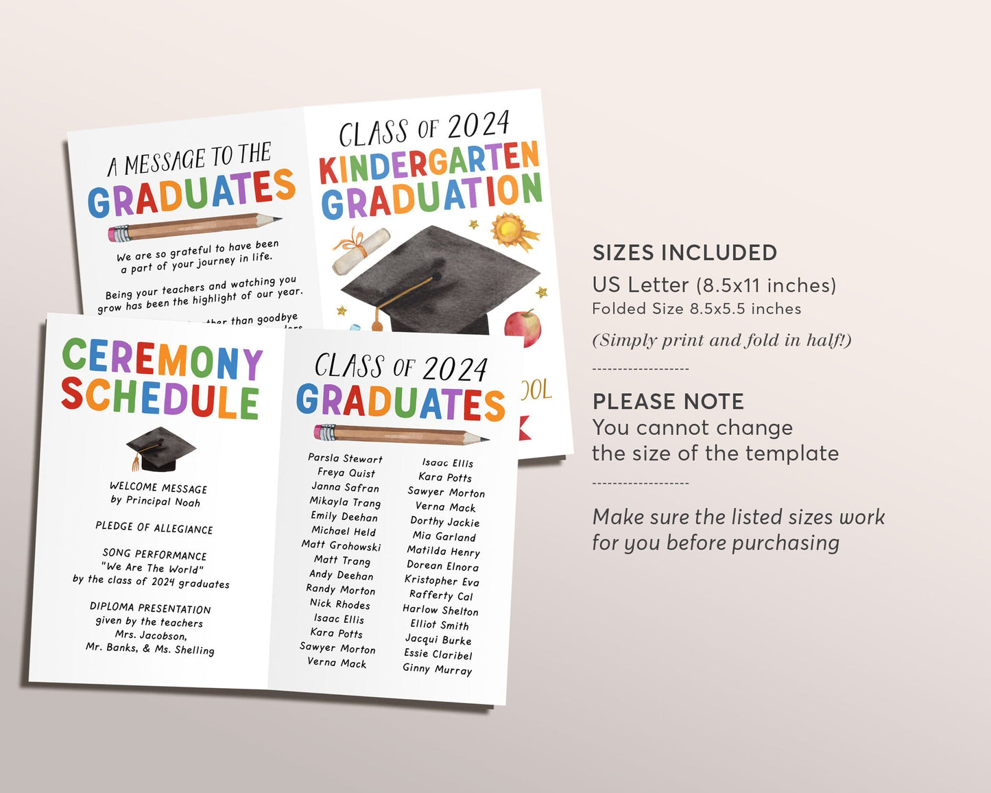 Kindergarten Graduation Program Editable Template, Pre-K Preschool Ceremony Child Care Learning Center, Pamphlet Booklet Commencement
