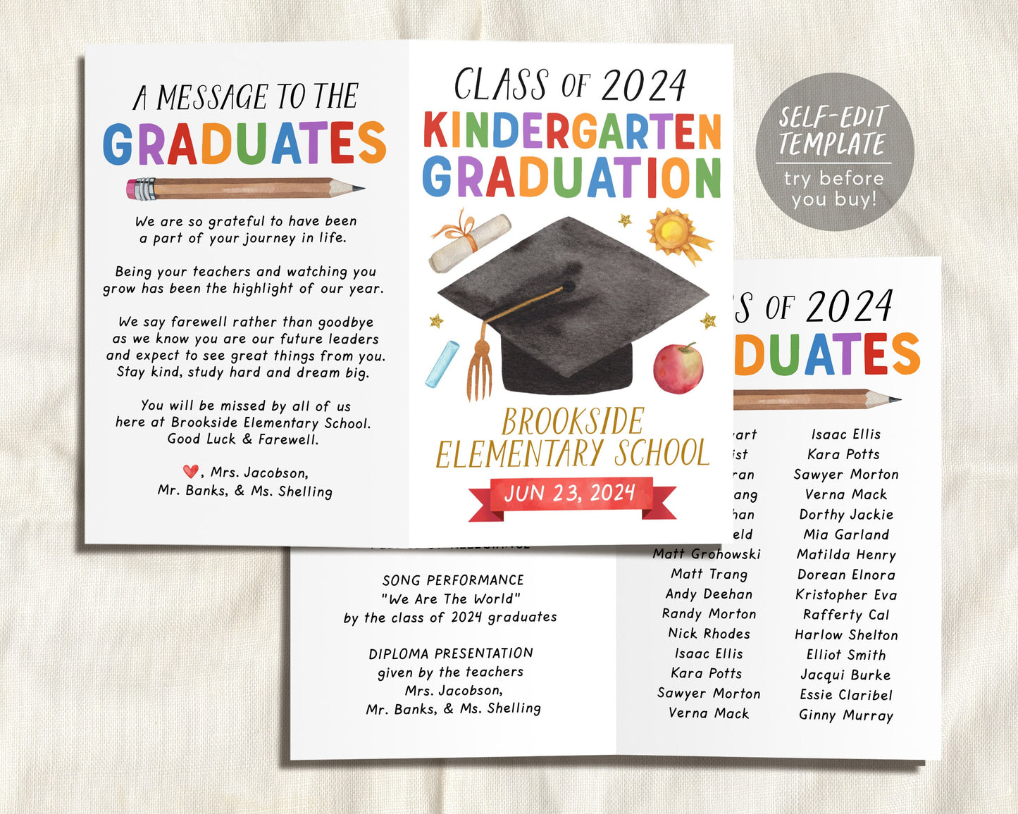 Kindergarten Graduation Program Editable Template, Pre-K Preschool Ceremony Child Care Learning Center, Pamphlet Booklet Commencement