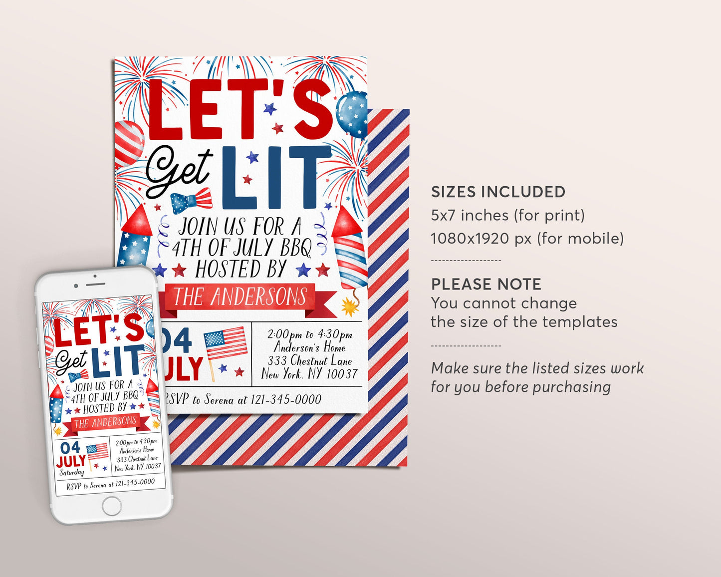 4th of July Invitation Editable Template, Lets Get Lit Patriotic Fourth of July Celebration Invite, Independence Day Backyard BBQ Evite