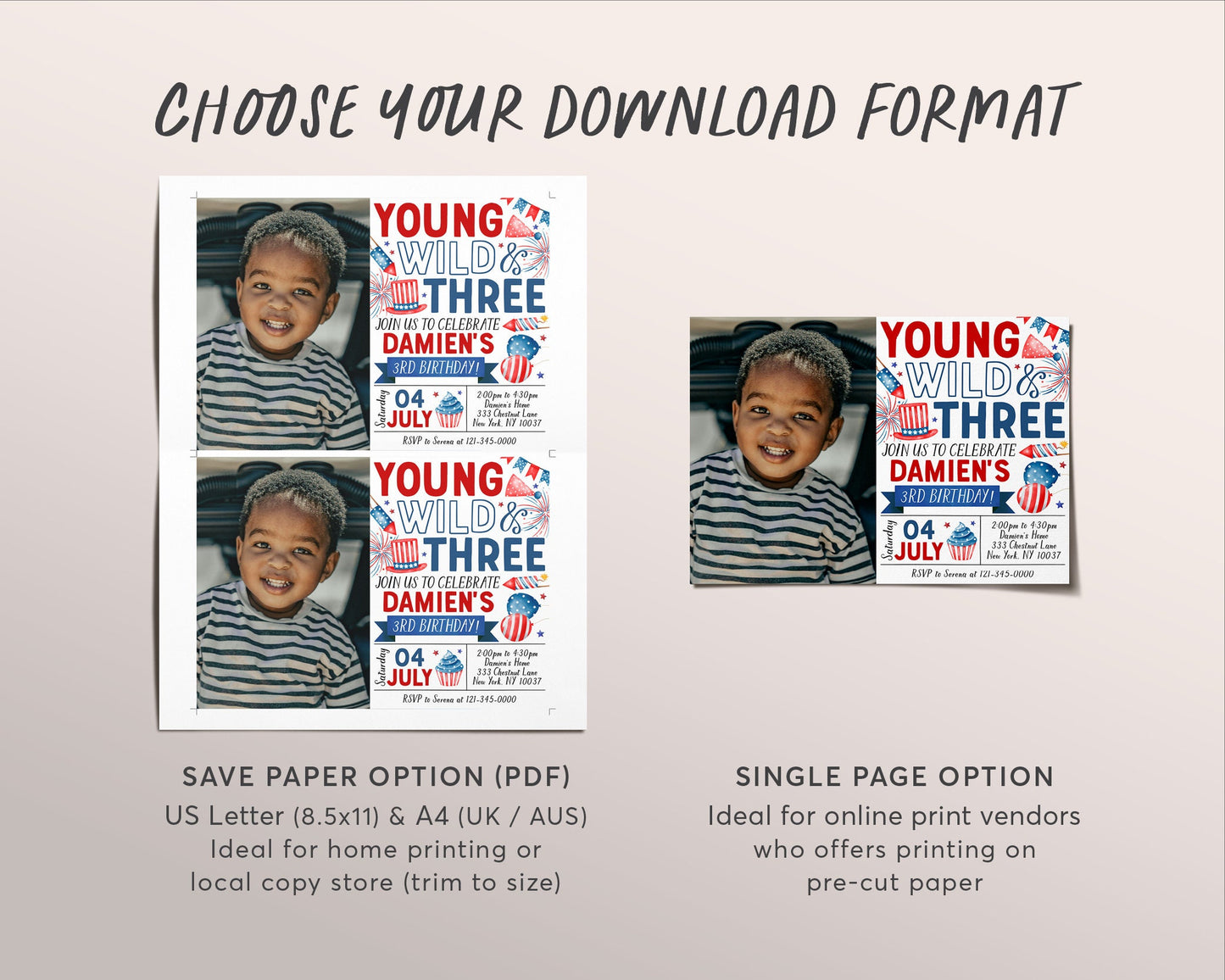 4th of July 3rd Birthday Invitation With Photo Editable Template, Young Wild and Three Third Birthday Patriotic Party BBQ Invite Evite