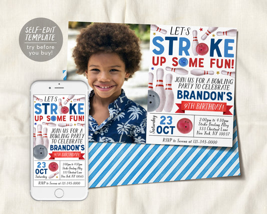 Bowling Birthday Invitation With Photo Editable Template
