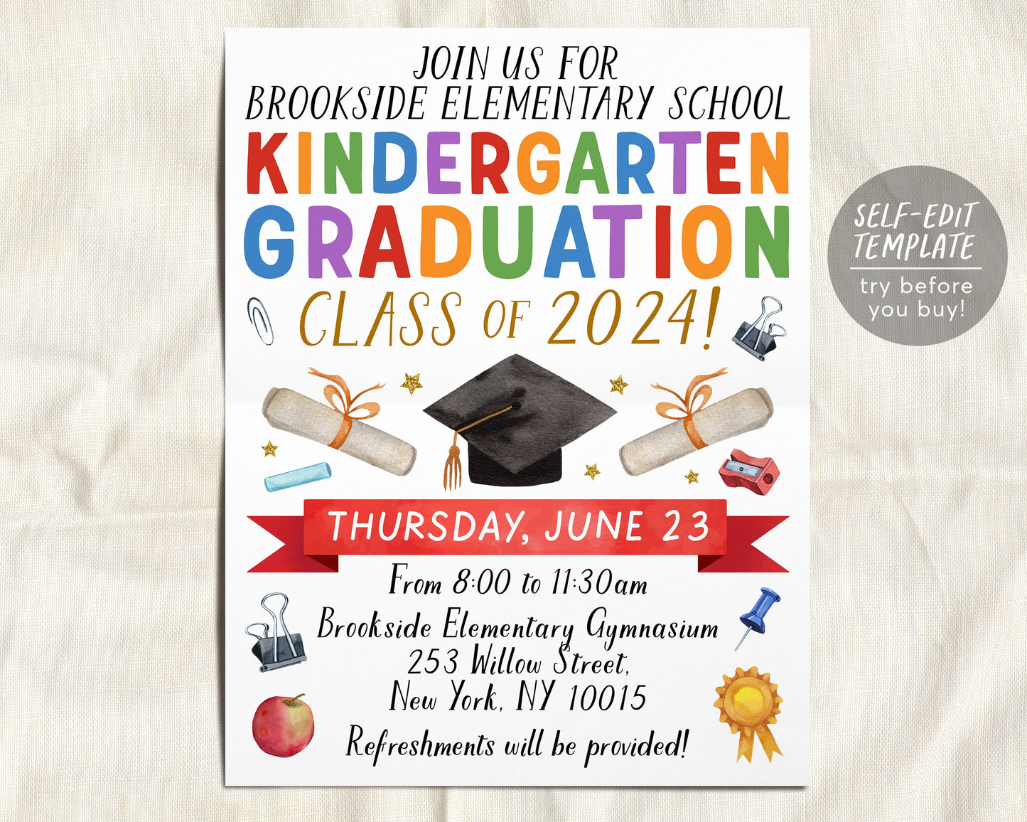 Kindergarten Graduation Ceremony BUNDLE Editable Template, Class Graduation Program, Preschool Announcement Invitation Invite, PreK Flyer