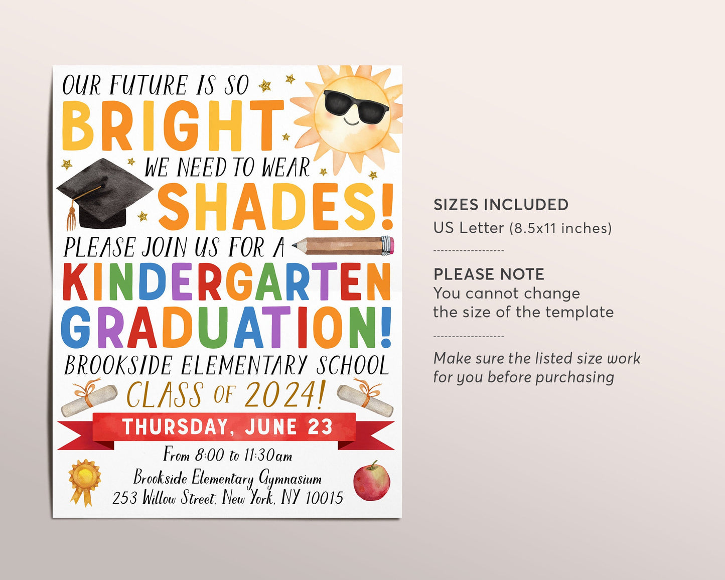 Kindergarten Graduation Invitation Flyer Editable Template, Preschool Class Graduation Announcement, Future is So Bright Ceremony Invite