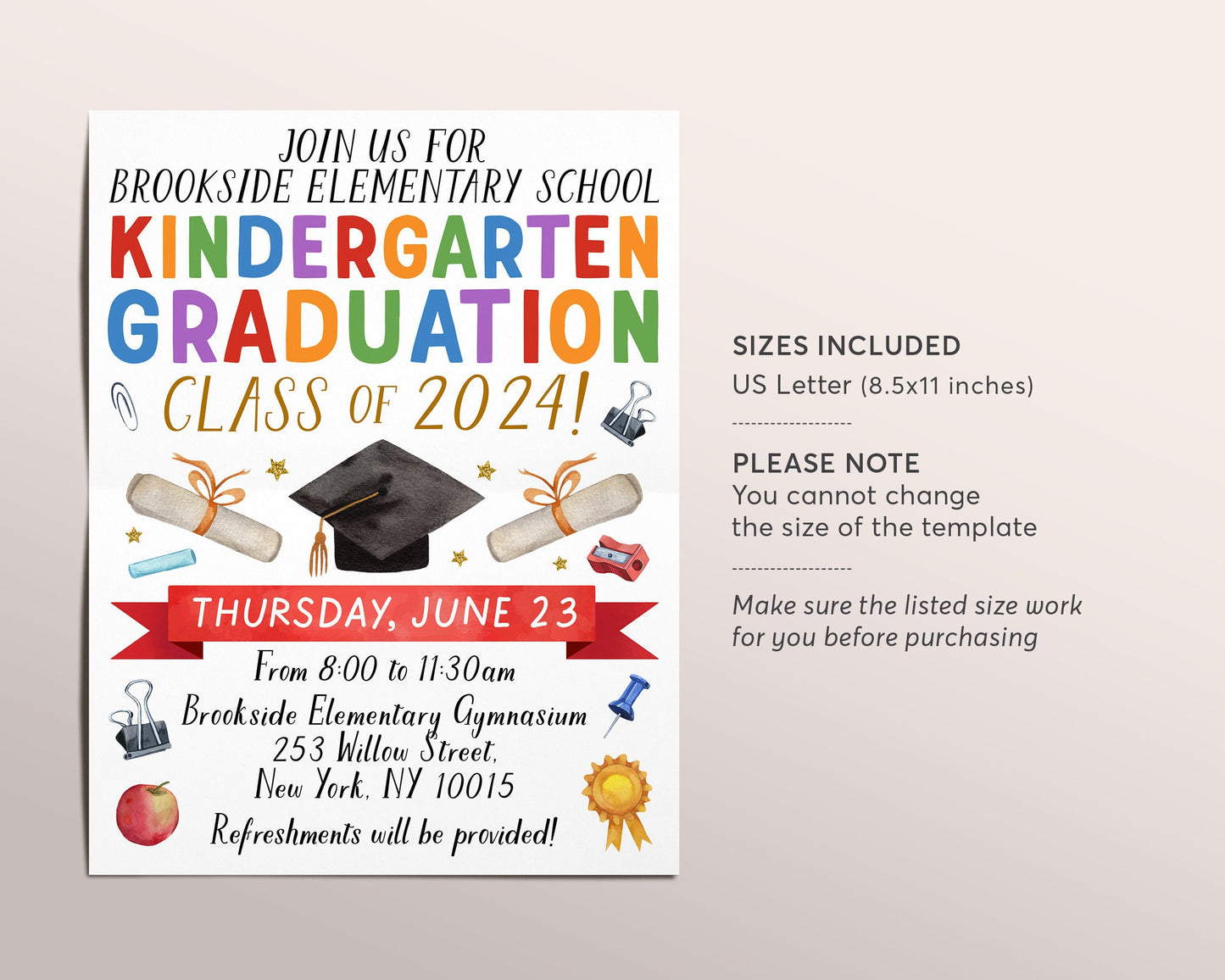 Kindergarten Graduation Invitation Flyer Editable Template, Preschool Class Graduation Announcement, Graduation Ceremony Invite Evite