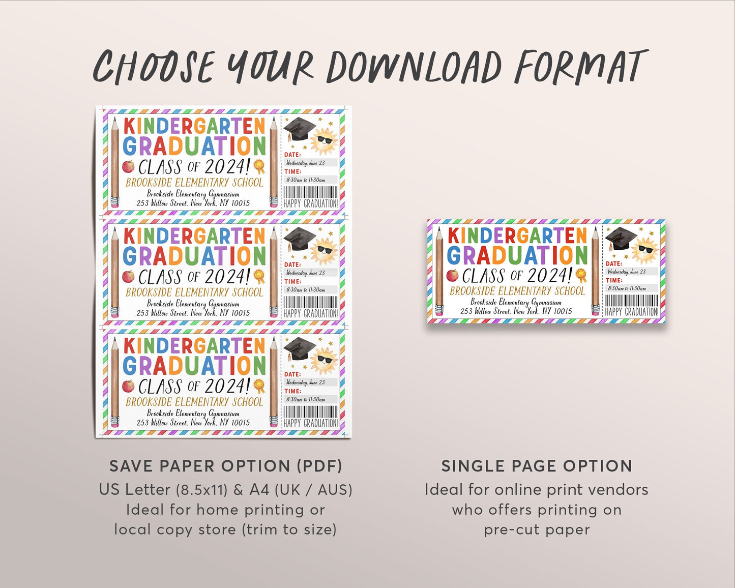 Kindergarten Graduation Ceremony Ticket Editable Template, Our Future is So Bright Class Grad Invitation Announcement Preschool Party Invite