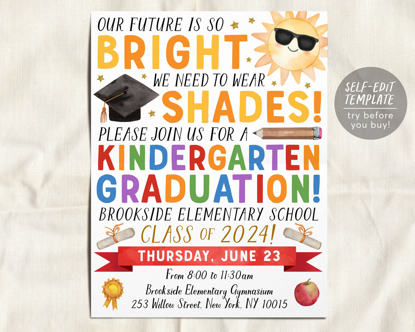 Kindergarten Graduation Ceremony BUNDLE Editable Template, Class Graduation Program, Future Is So Bright Announcement Invitation Invite