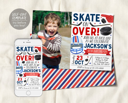 Ice Hockey Birthday Invitation With Photo Editable Template
