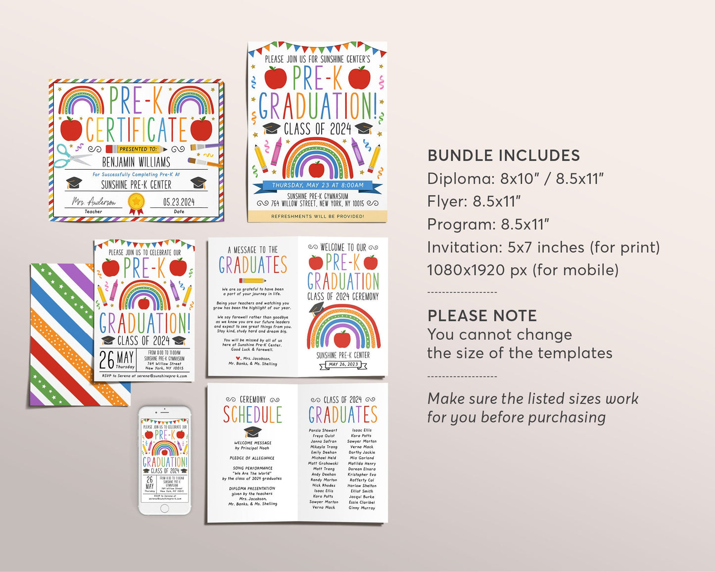 Pre-K Graduation Ceremony BUNDLE Editable Template, Preschool Kindergarten Class Graduation Certificate, Graduation Invitation Invite Evite