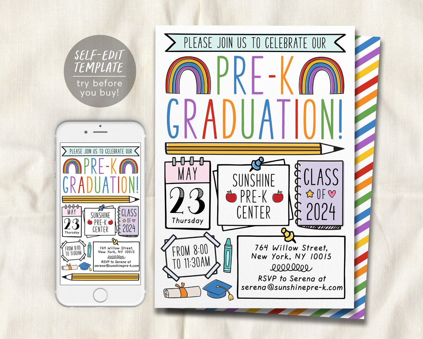 Pre-K Graduation Ceremony BUNDLE Editable Template, Preschool Kindergarten Class Graduation Certificate, Graduation Invitation Invite Evite